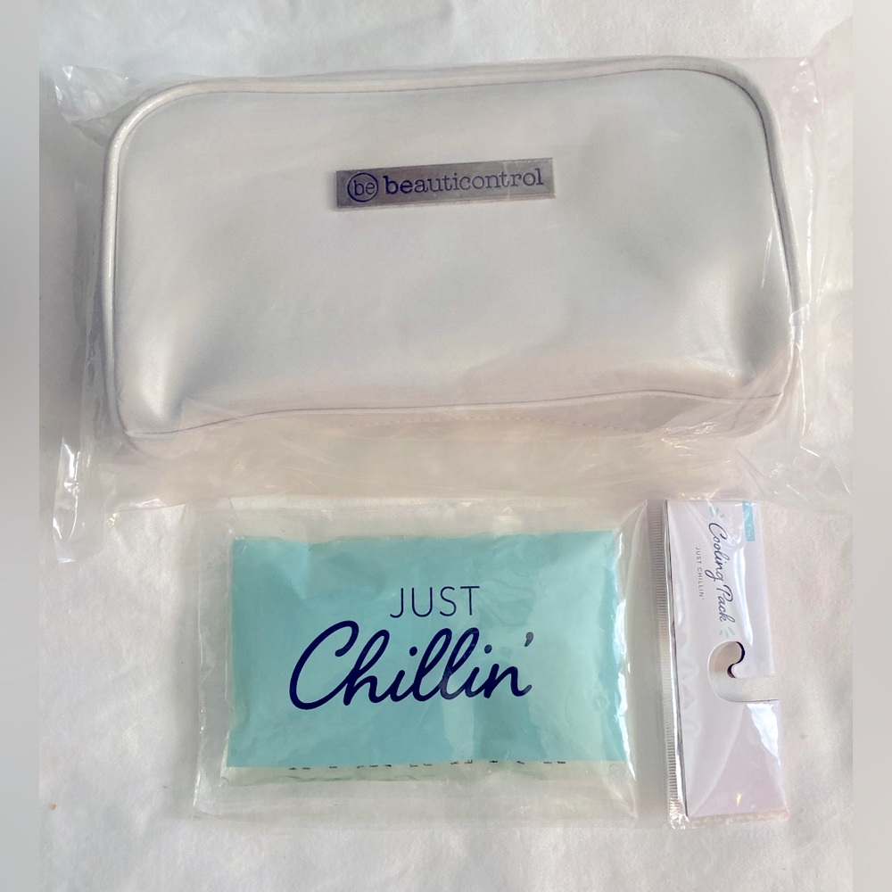 BeautiControl makeup bag white pearlized with zipper & cute gel cooling pack